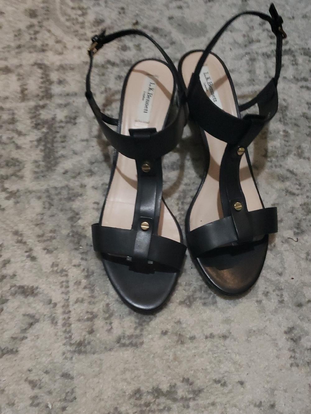 LK Bennett Black Leather T-Strap Sandals with Gold Studs